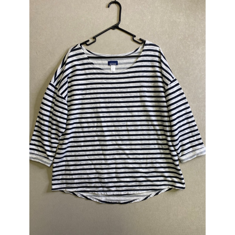 Basic Editions Womens XXL Gray Navy Blue Striped 3/4 Sleeve Relaxed Knit Top